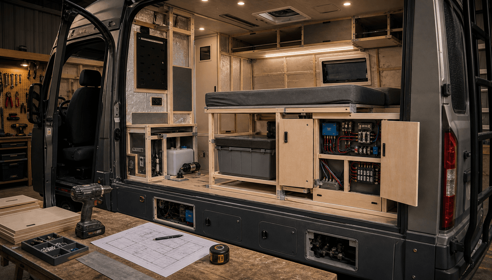 Caravan interior build in progress with modular framing, accessible panels, storage zones, tools, and plans