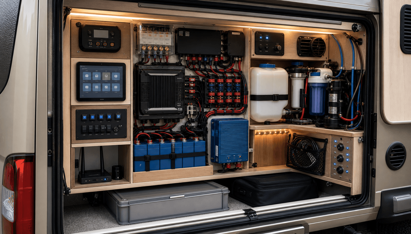 Caravan utility bay with solar controller, battery, inverter, water tank, pump, wiring, and monitoring hardware