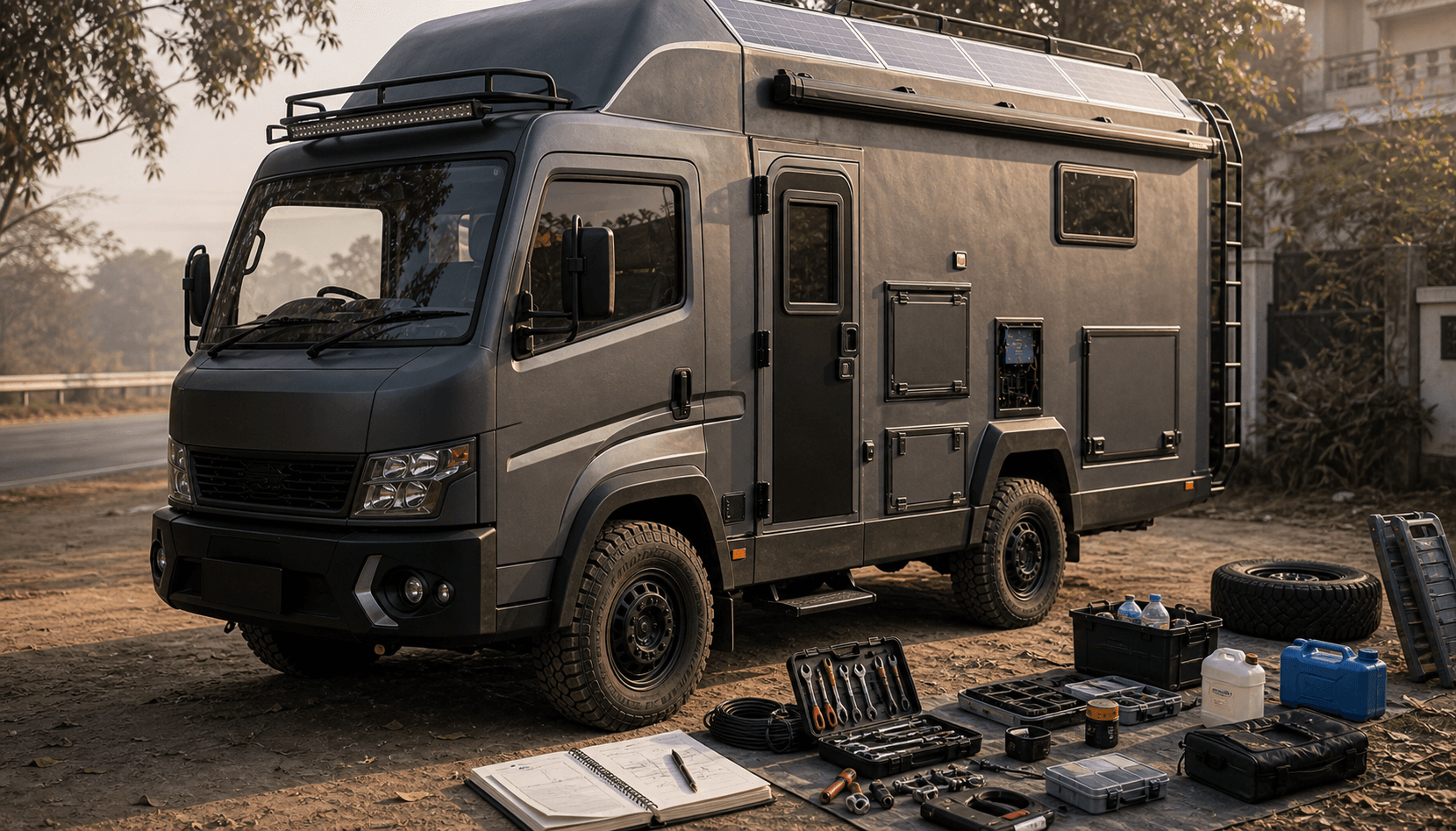 Rugged unbranded caravan on Indian road with tires, lights, roof solar, service hatch, and pre-trip readiness gear