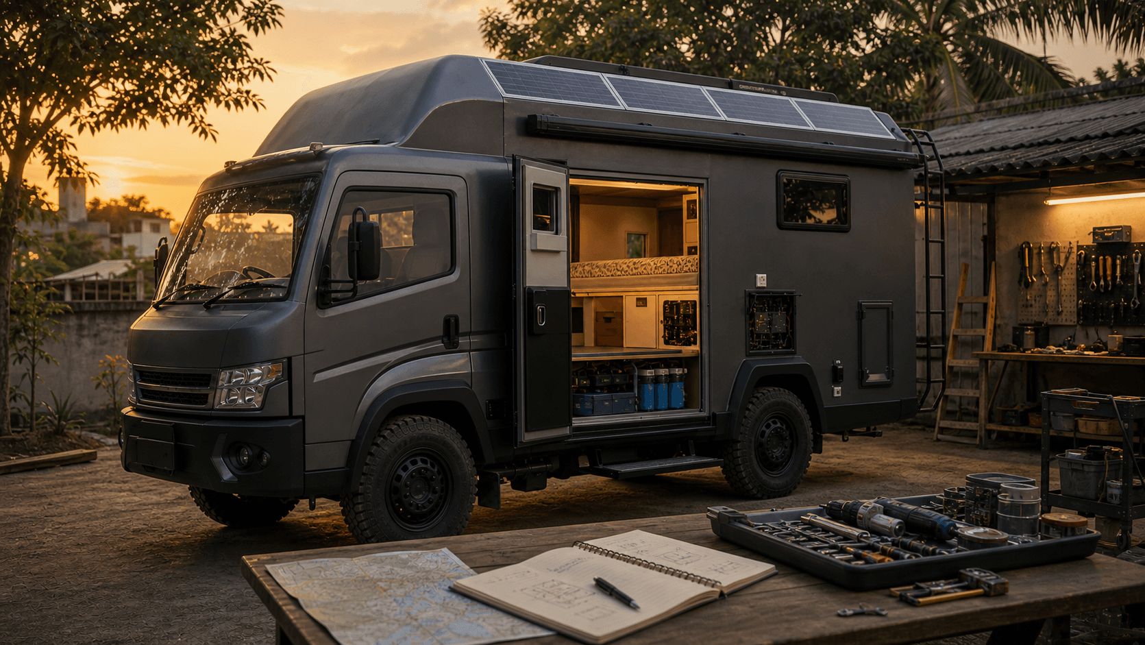 Unbranded Indian van or truck based caravan concept parked near a home workshop with travel planning notes and tools