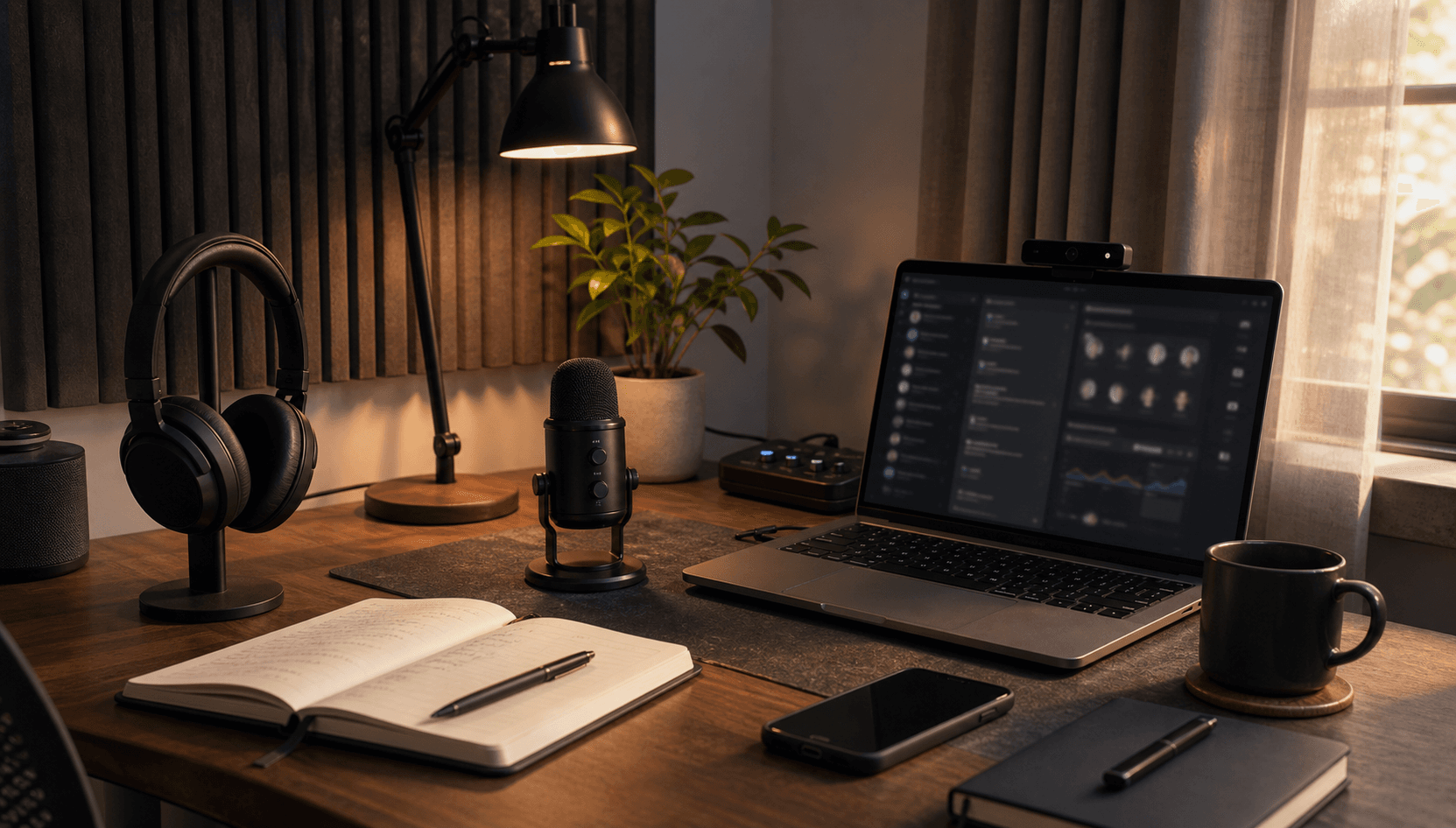 Noise cancelling headphones, microphone, laptop, muted phone, and quiet desk setup for calls and deep work