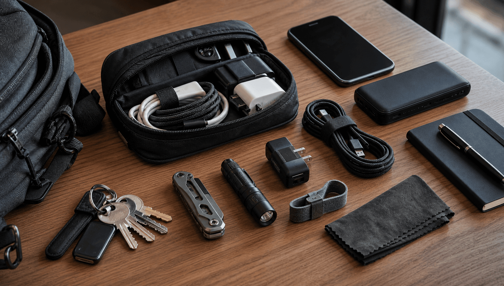 Compact everyday carry pouch with charger, USB-C cable, adapters, pen, notebook, and small practical tools