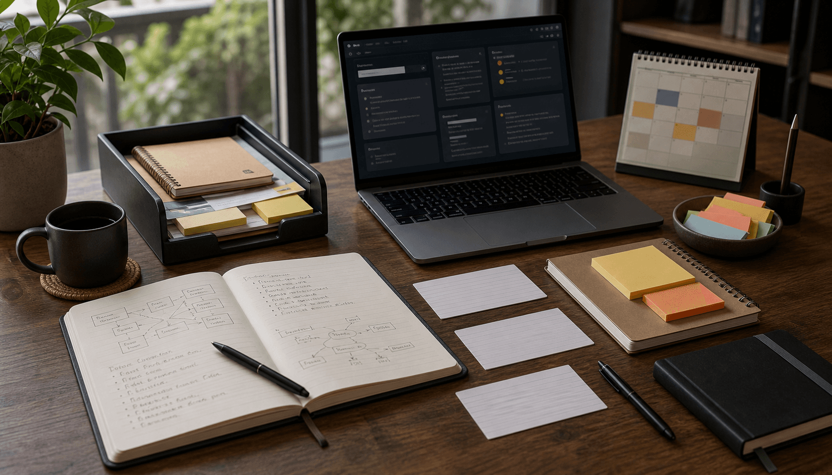 Notebook, pen, laptop, quick capture cards, and organized digital notes for turning rough ideas into useful work