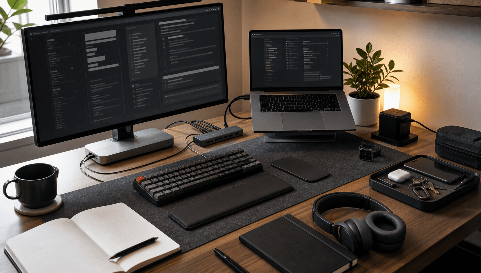 Organized daily desk workflow with monitor, laptop, keyboard, notebook, headphones, charger, and everyday carry tray