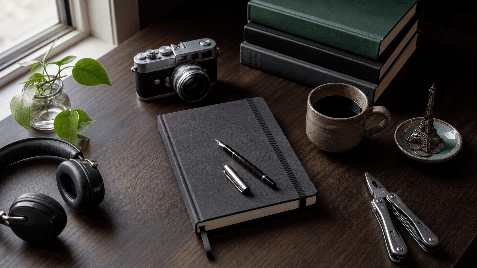 A refined desk still life with books, notebook, coffee, headphones, camera, plant, and personal tools
