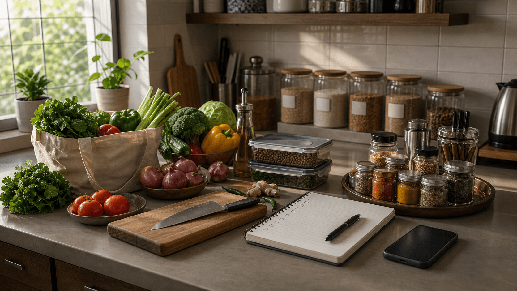 Organized kitchen counter with vegetables, pantry jars, shopping list, clean prep surface, and warm morning light