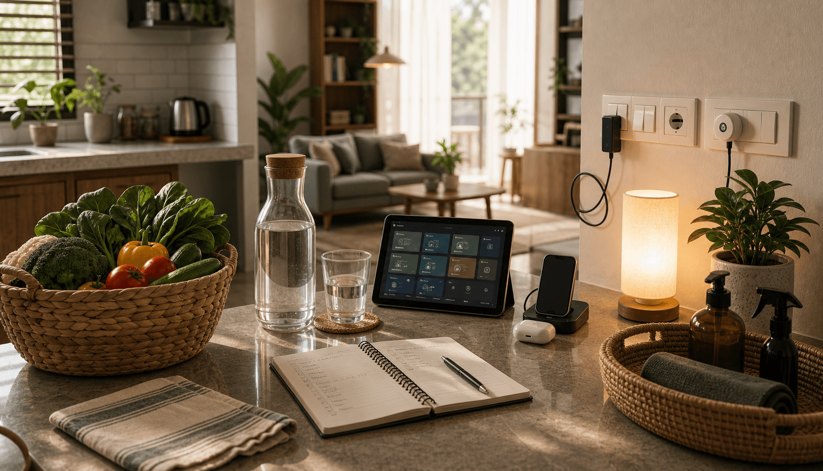 Home rhythm dashboard scene with kitchen counter, water carafe, groceries, lighting, charging station, and notebook