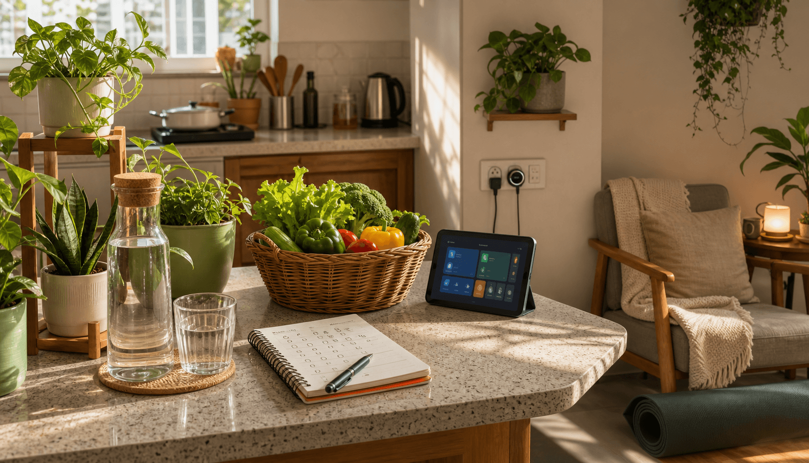 Calm home interior with plants, kitchen counter, groceries, notebook, water carafe, books, and recovery corner