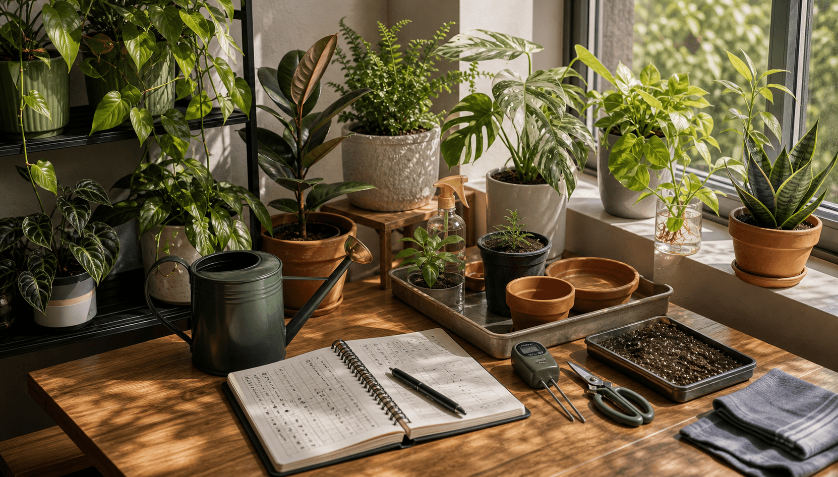 Indoor plant care setup with grouped plants, watering can, soil moisture tools, sunlight, and care notebook