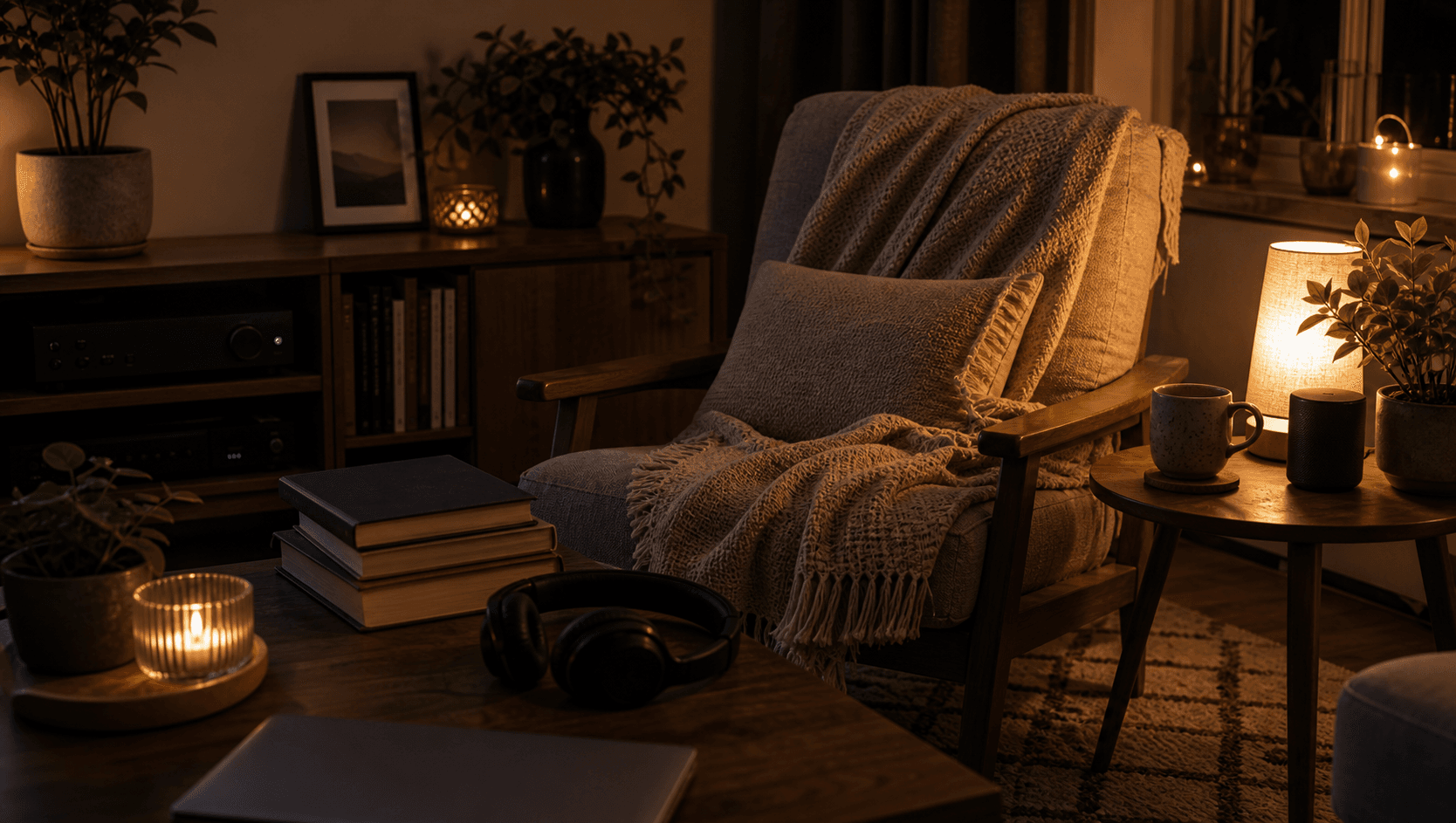Quiet recovery corner with soft chair, books, music, warm lamp, plants, and low-demand evening atmosphere