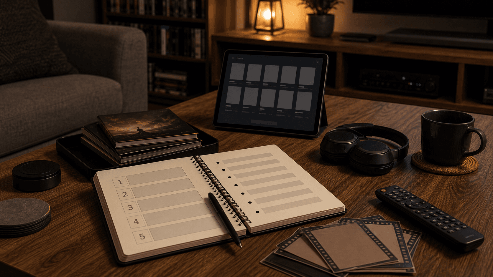 Personal movie favorites notebook with blank title cards, watchlist board, remote, and warm media room details