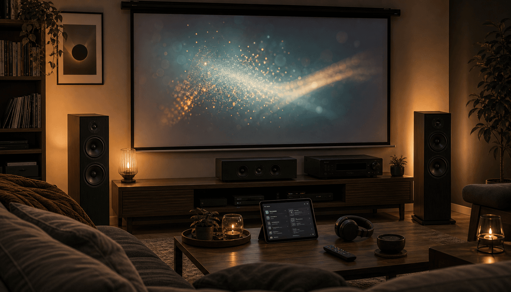 Home media setup with projector, speakers, headphones, tablet playlist blocks, lighting control, and comfortable seating