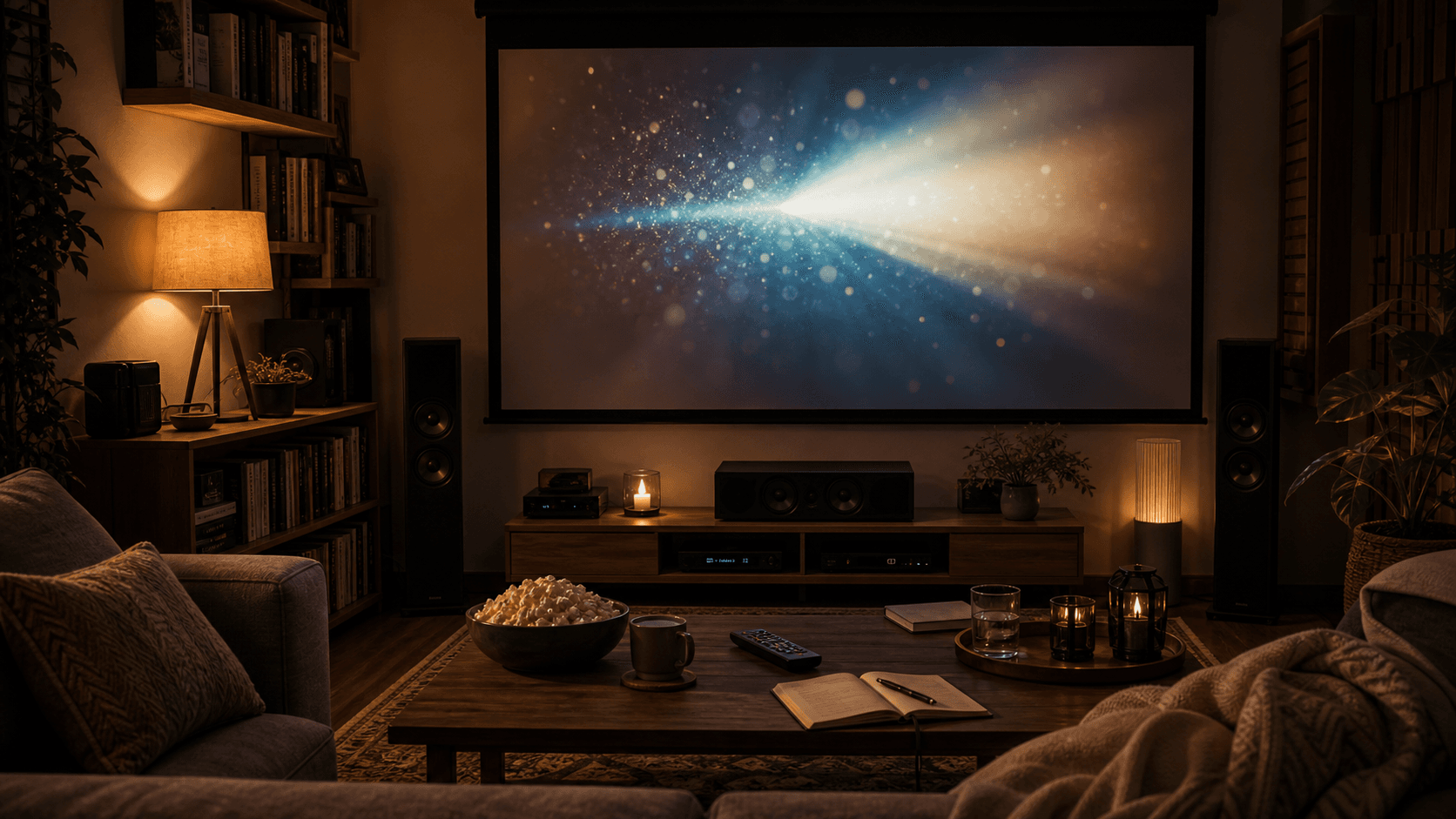 Cozy movie night setup with projection screen, sofa, dim lamp, notebook, remote, and cinematic room light