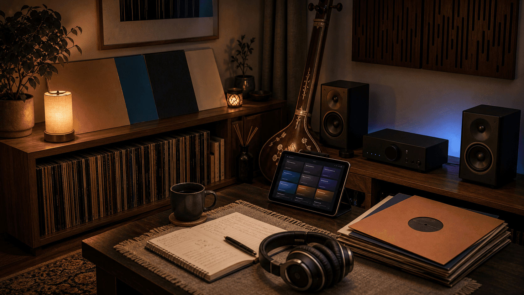 Mood-based listening setup with speakers, headphones, instrument, playlist interface blocks, and evening light