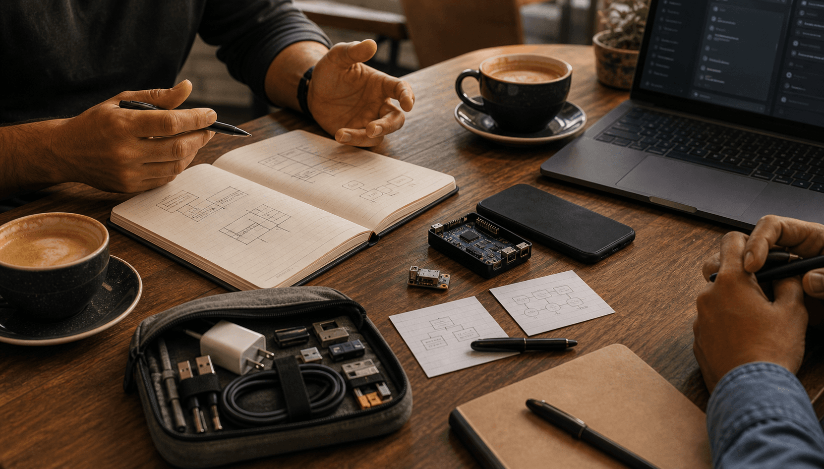 Cafe conversation table with two coffees, notebook, phone, sketches, and practical project discussion materials
