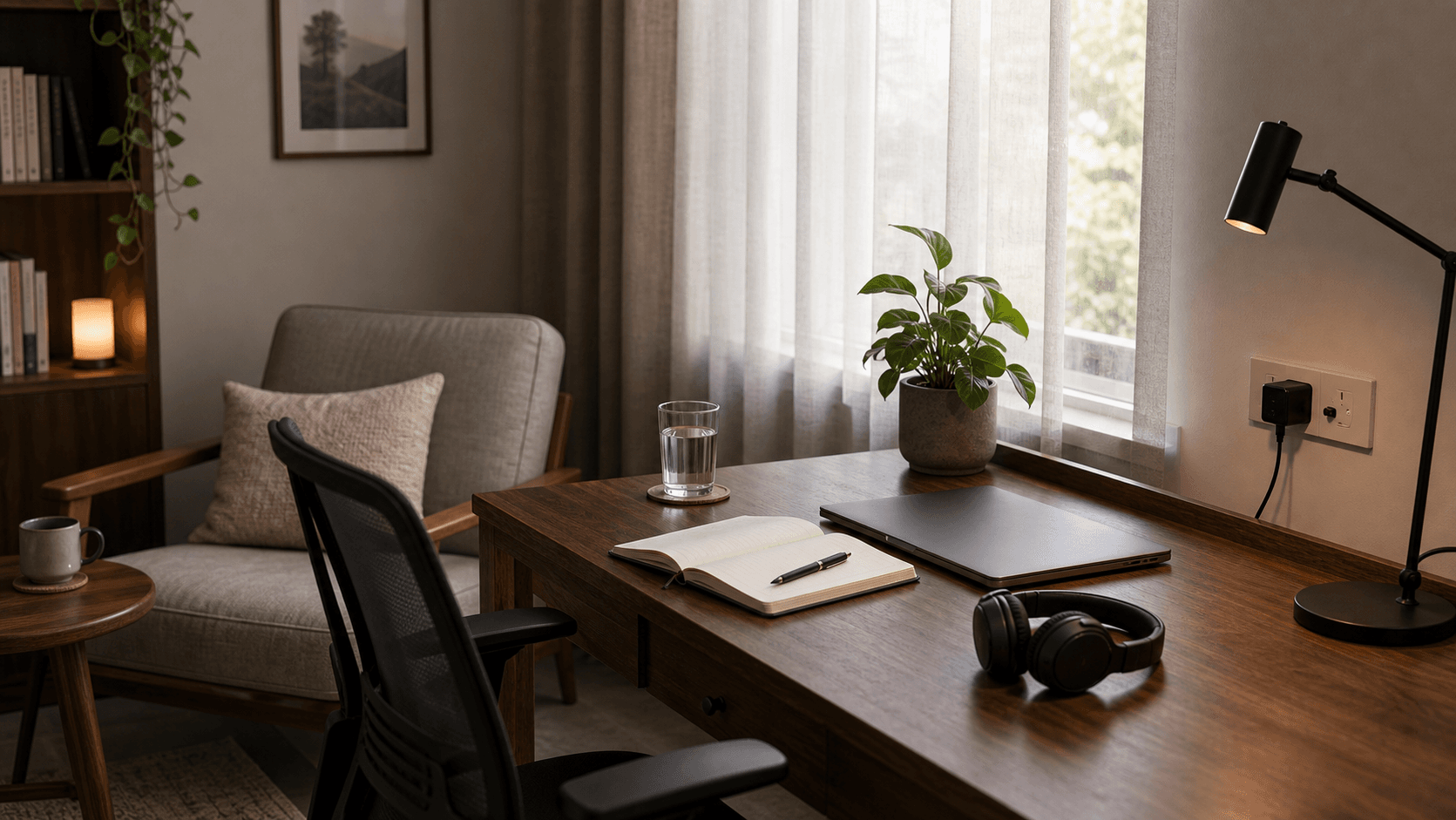 Quiet room with soft light, clear desk, notebook, laptop, headphones, water, and calm reading chair