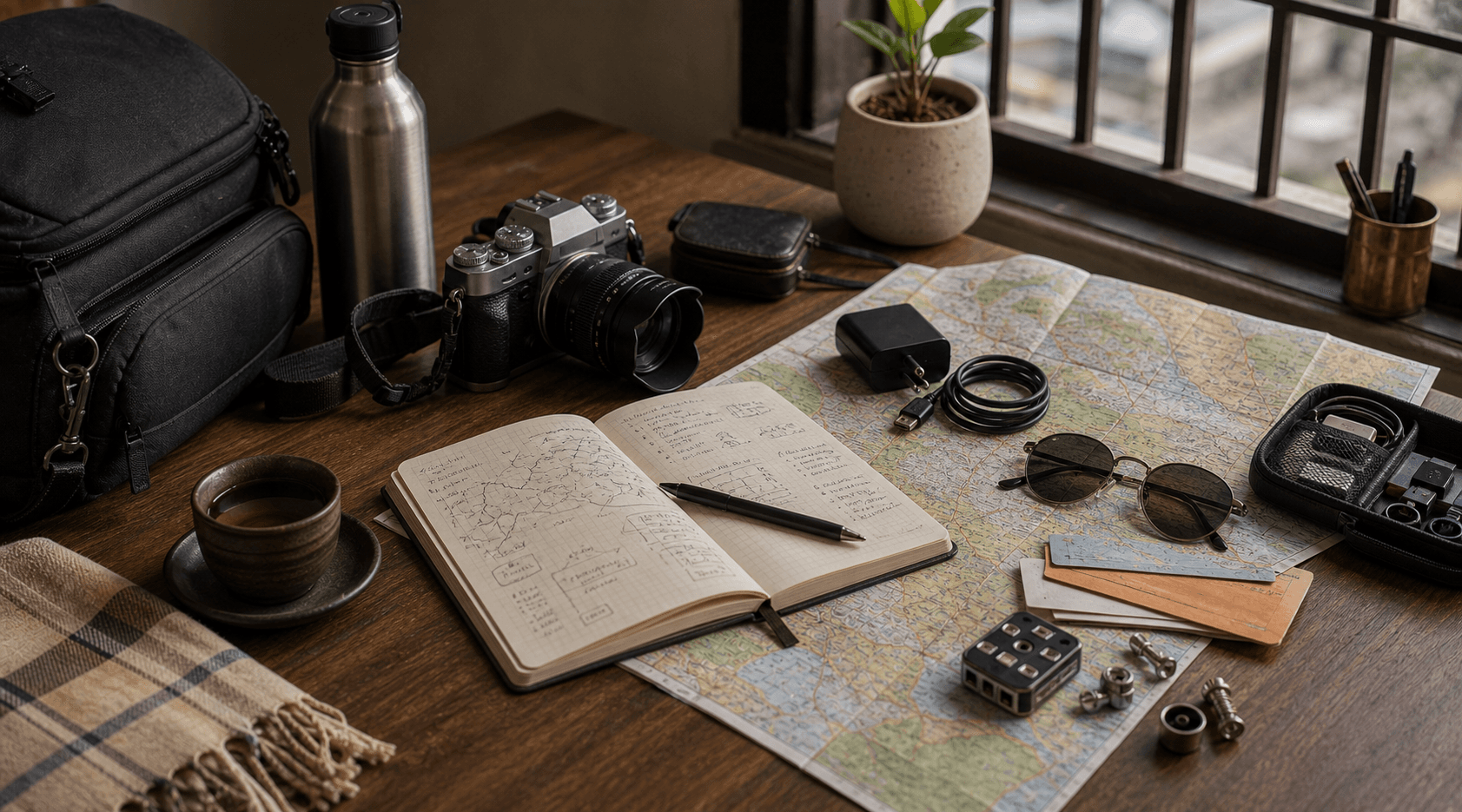 Slow travel table with map, small notebook, camera, train ticket shapes, charger, and local observation objects