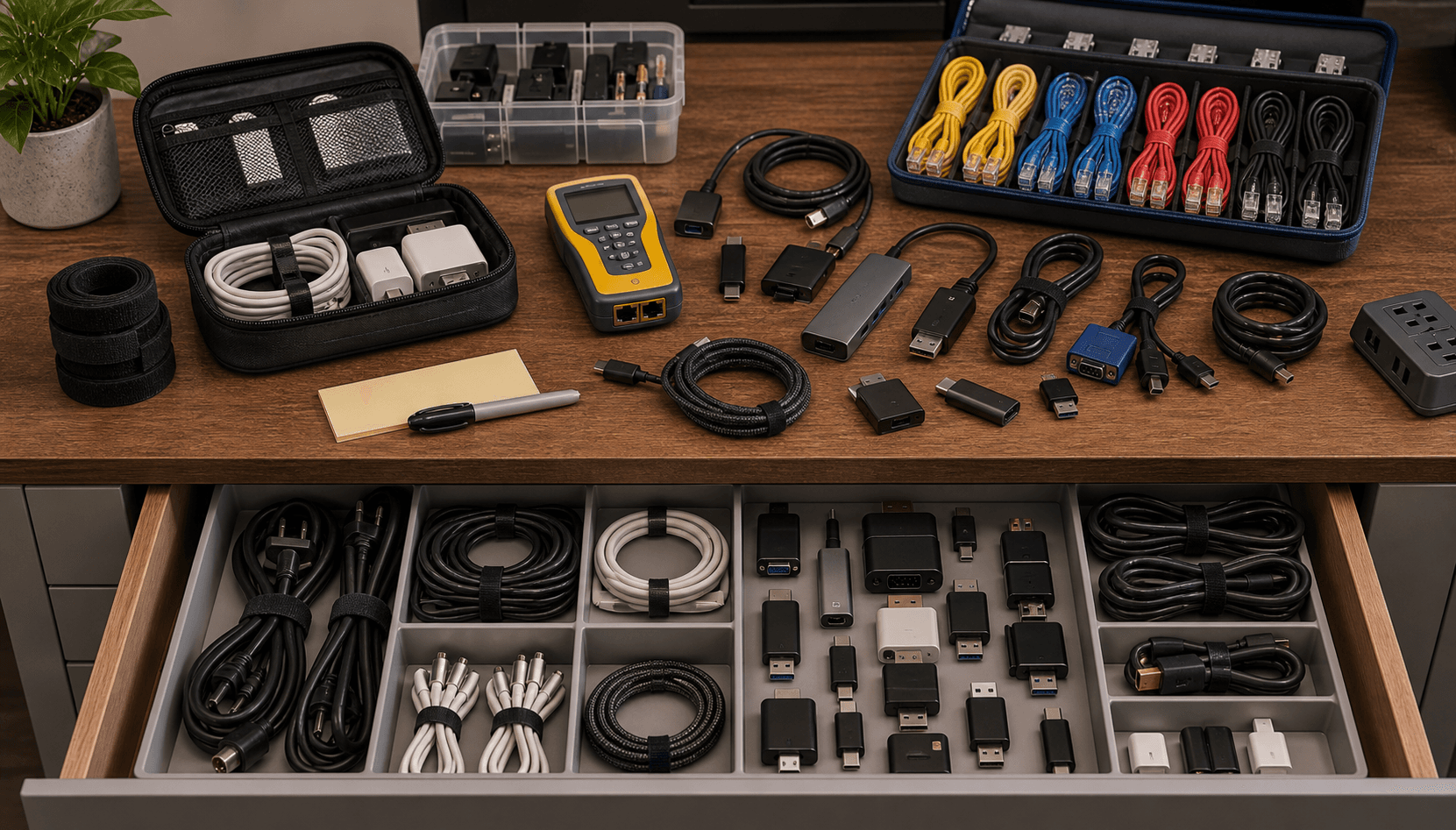 Sorted cables and adapters with Ethernet patch leads, USB-C cables, display adapters, console cable, and labels