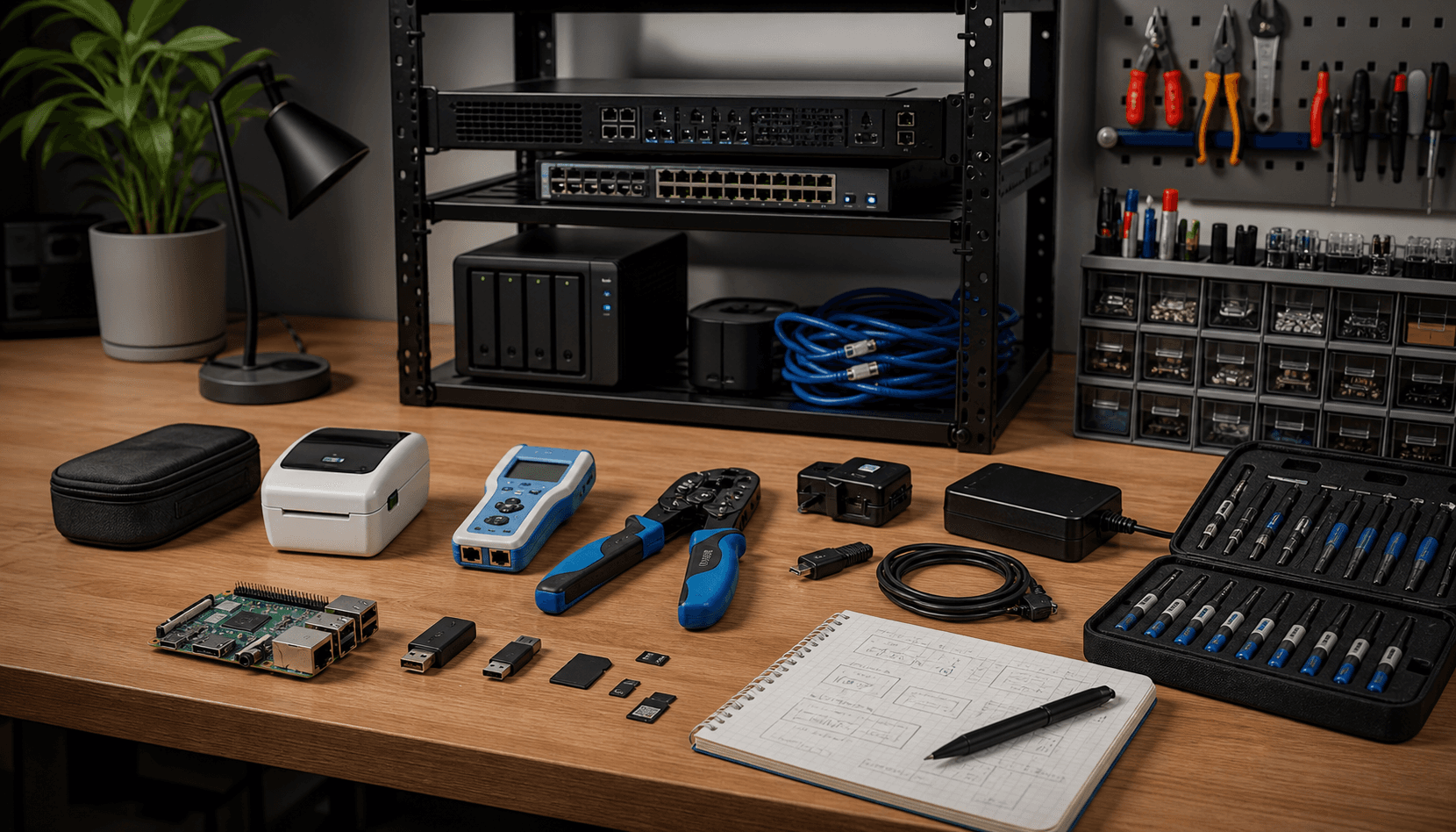 Organized home lab workbench with compact boards, network switch, tester, crimping tools, cables, adapters, and notebook