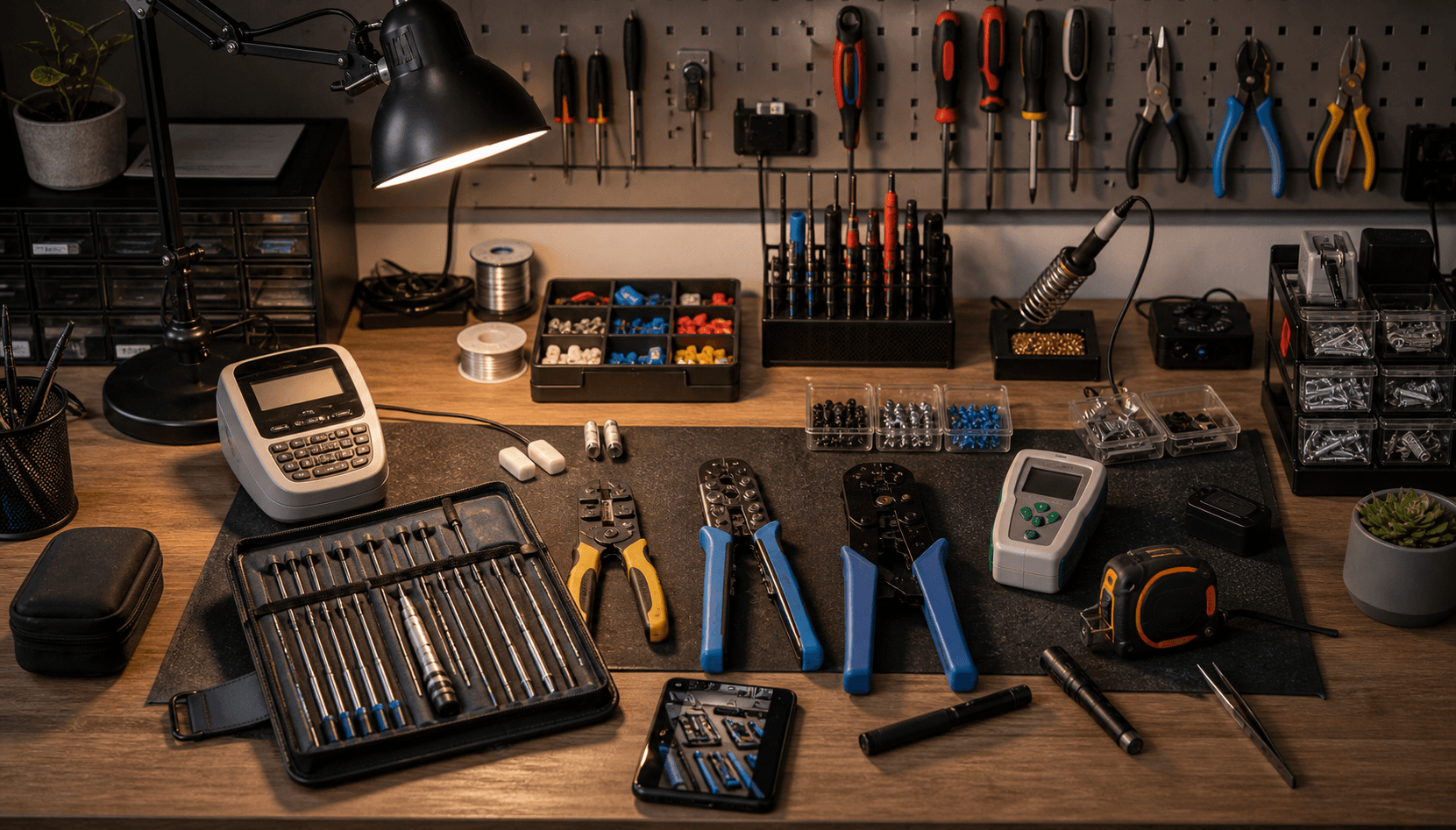 Neatly arranged screwdriver kit, wire stripper, crimping tool, cable tester, label maker, and small fasteners