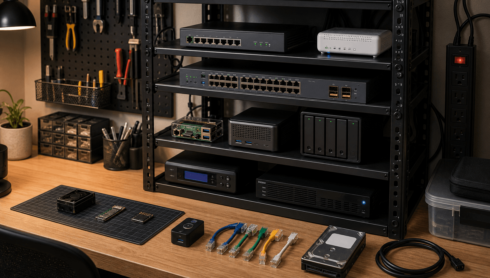 Compact home lab shelf with single-board computer, mini server, switch, router, storage, and UPS