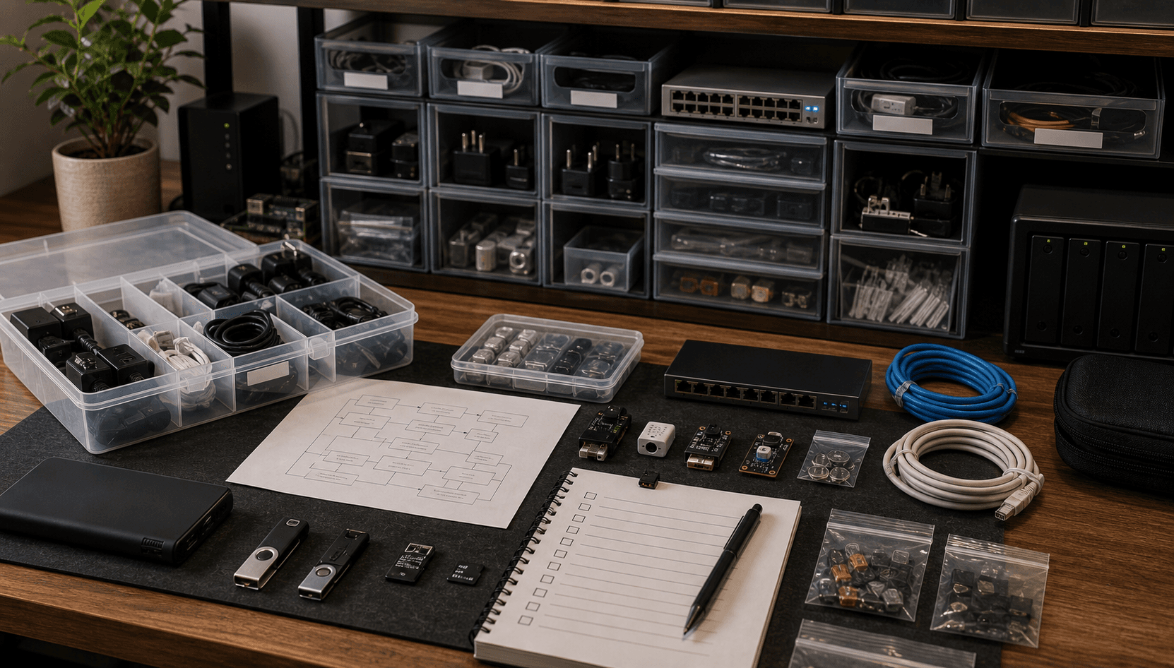 Recovery parts kit with spare power adapters, SD cards, boot drives, batteries, sensors, and configuration notes