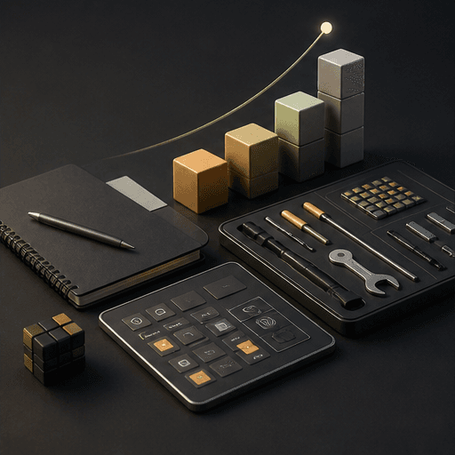 Abstract capability building thumbnail with stacked blocks, tools, notebook, and dashboard controls