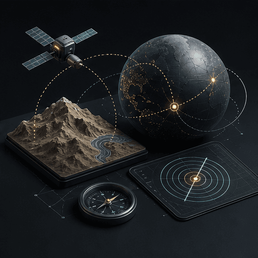 Abstract exploration thumbnail with satellite, terrain model, globe, compass, and signal paths