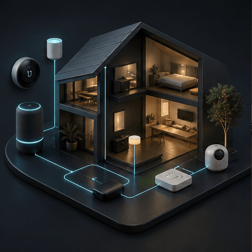 Abstract intelligent living thumbnail with smart home devices, sensors, and connected automation paths