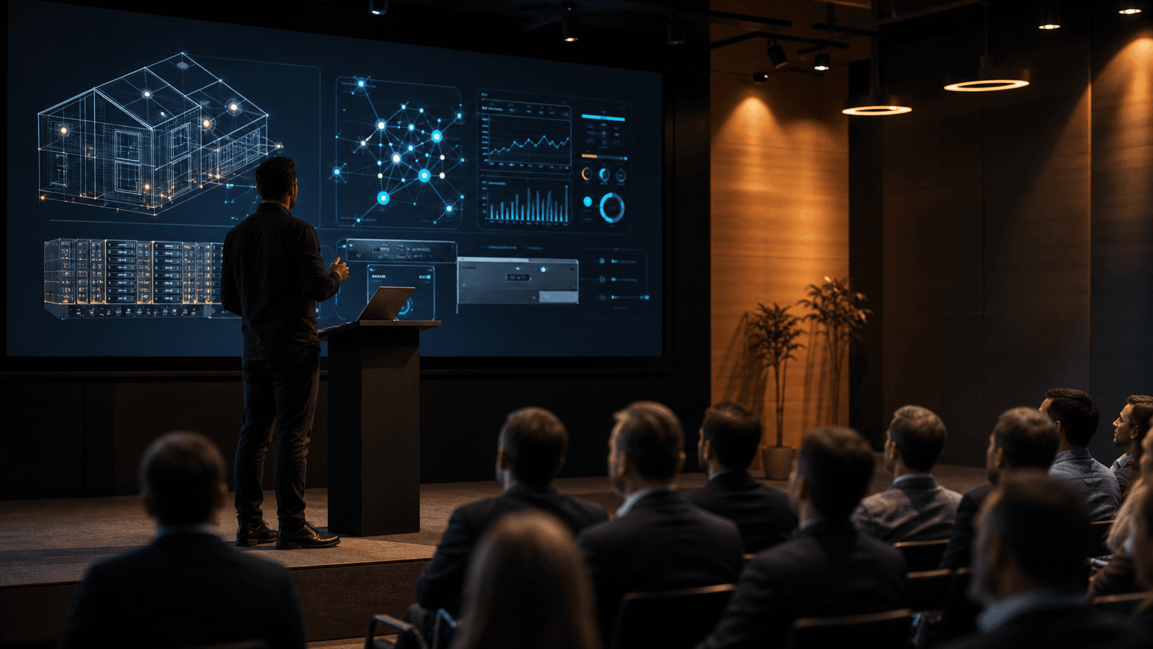 Technology speaker presenting system architecture, AI workflows, and intelligent living diagrams to a professional audience