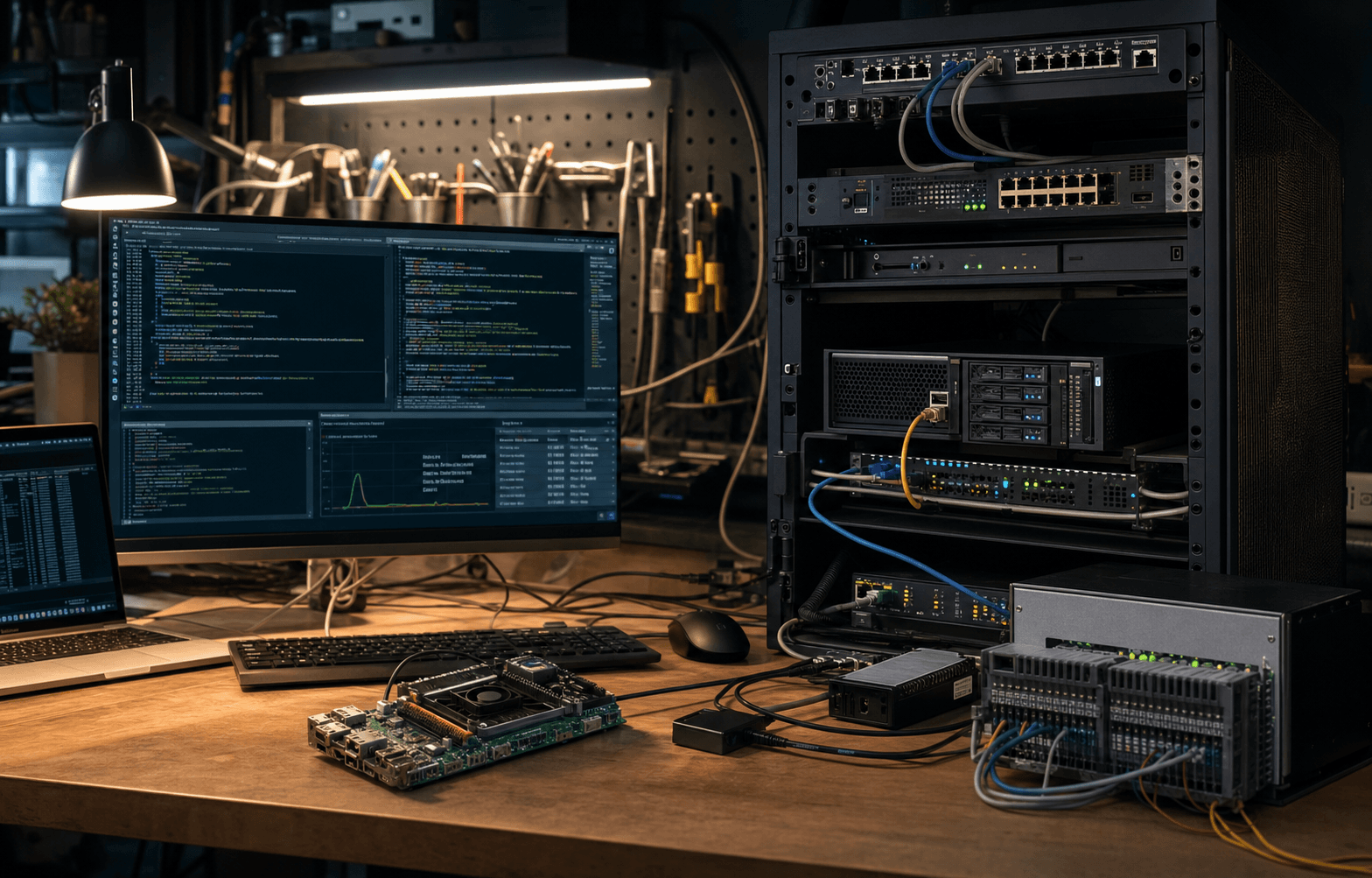 Engineering systems workspace with hardware, software, networking, and structured build patterns