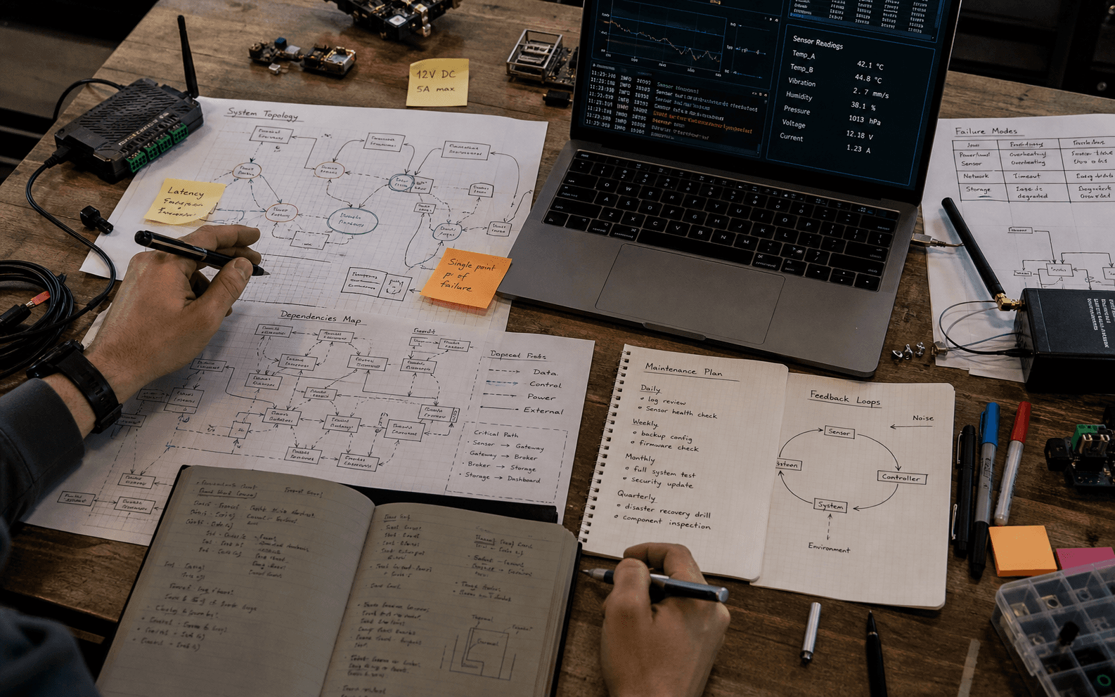 Systems thinking workbench with technical patterns, devices, and structured cables