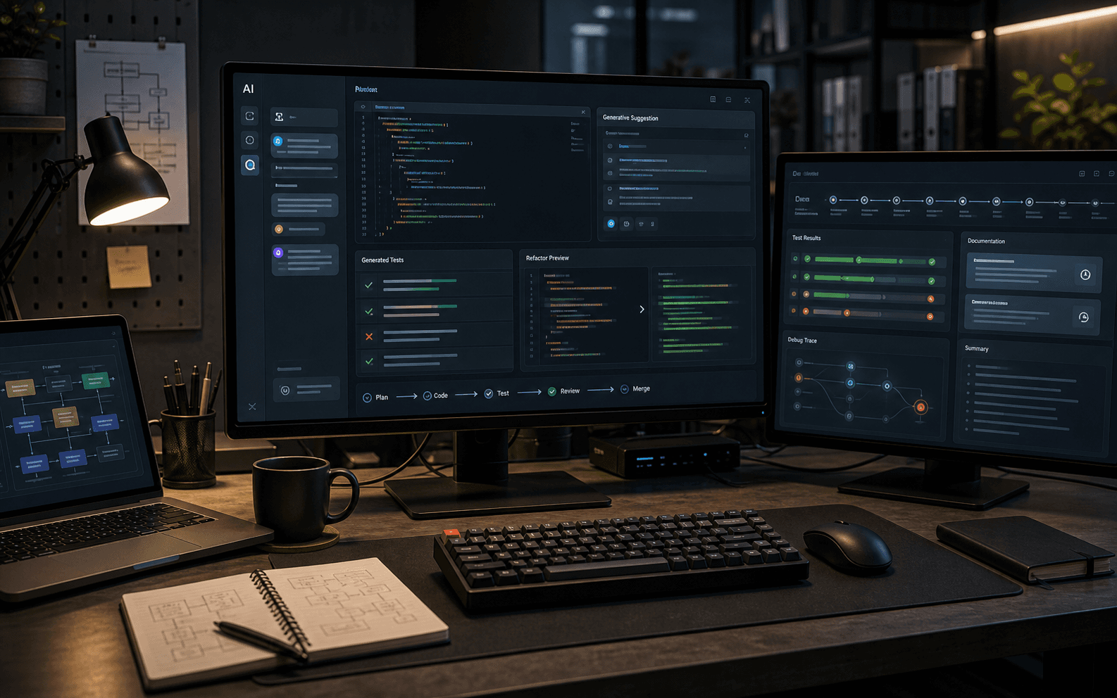AI engineering acceleration workstation with code generation, test scaffolding, refactoring, debugging, documentation, and guarded developer workflow