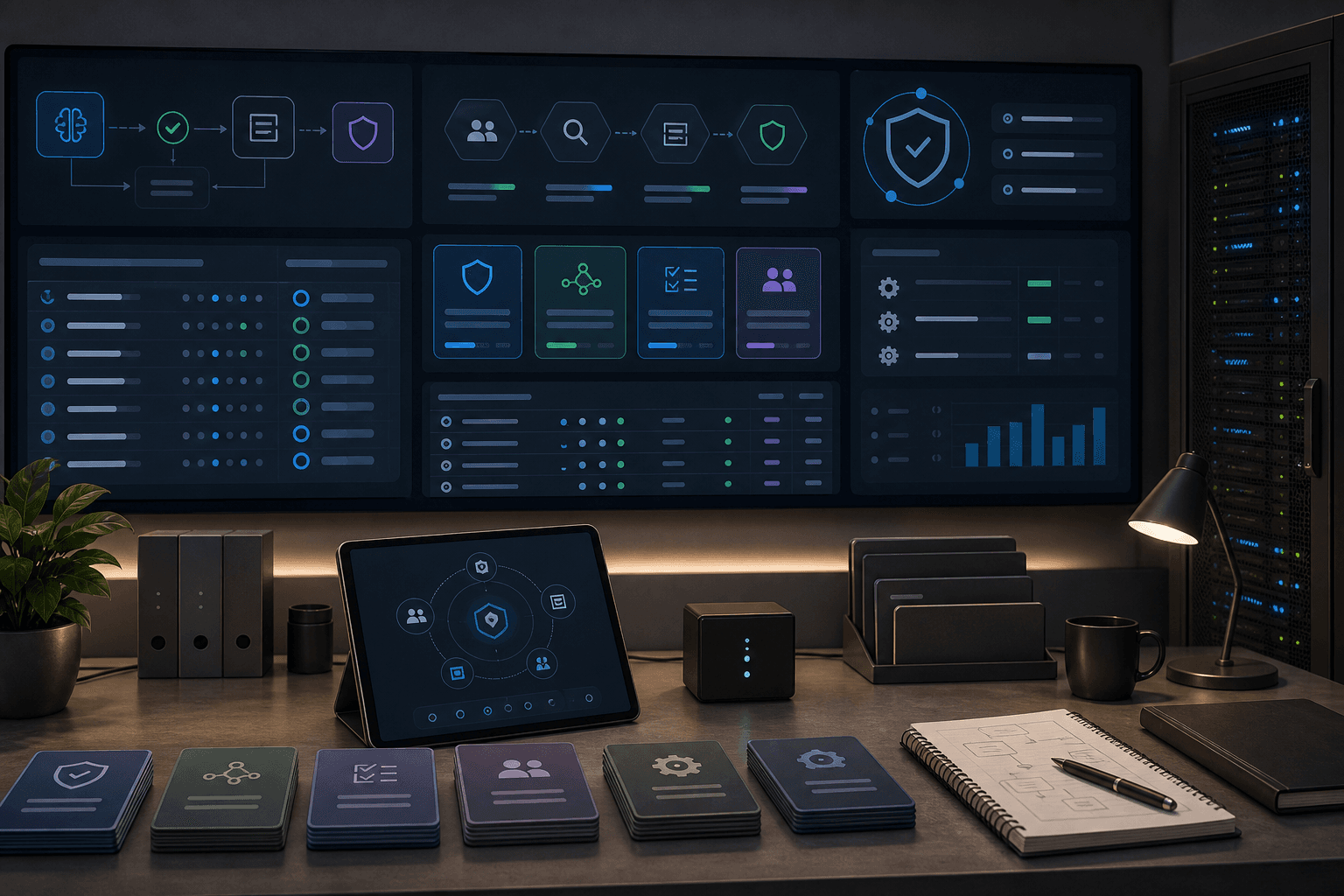 AI governance operations workspace with review loops, quality gates, security checks, prompt standards, and team enablement artifacts