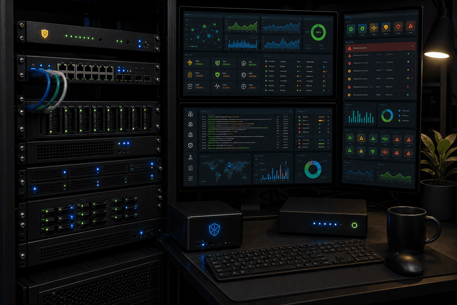 Home lab security and monitoring workstation with central logs, audit trails, alert panels, metrics dashboards, and rack hardware