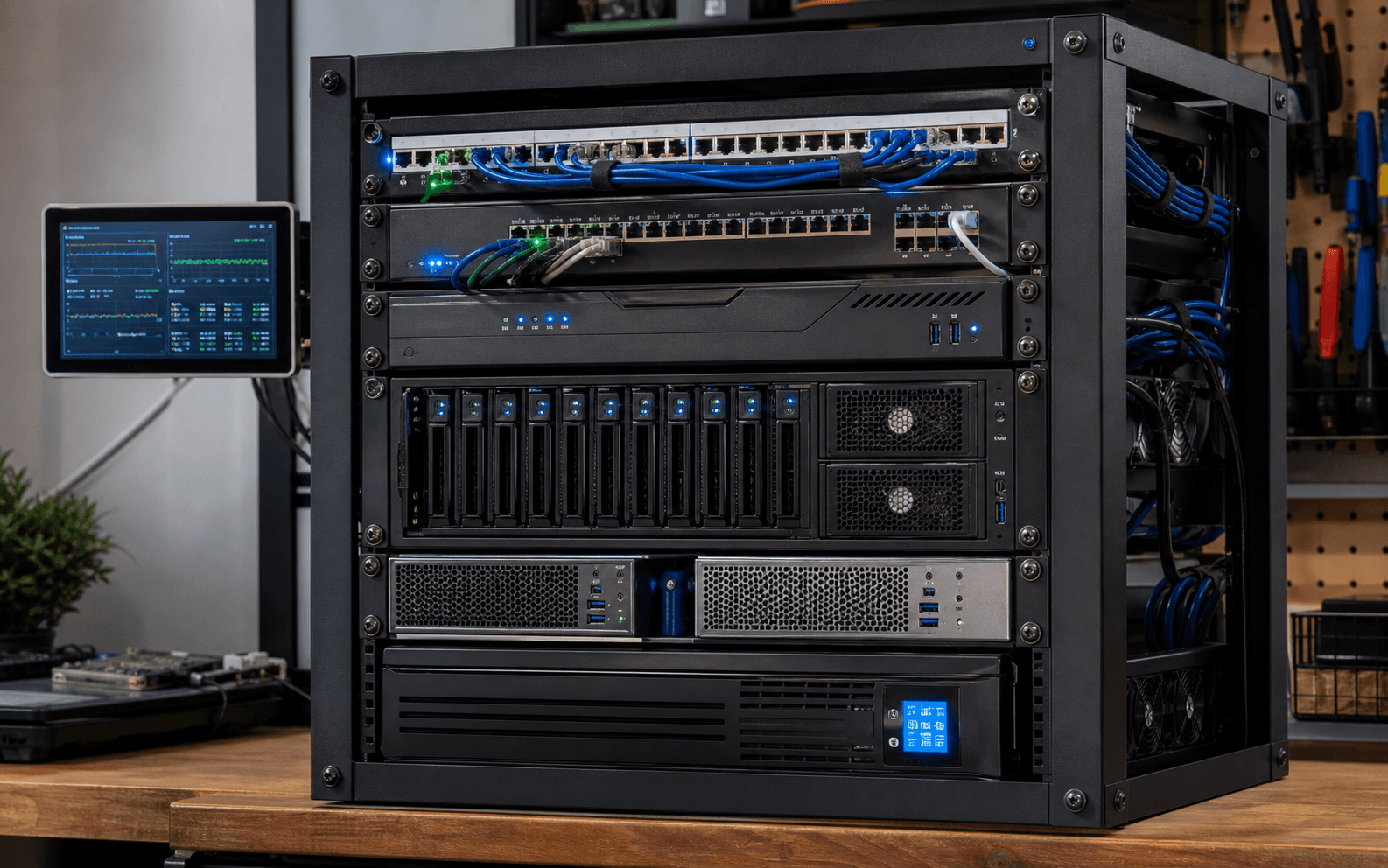 Compact private cloud home lab rack with servers, storage, networking, UPS, and monitoring