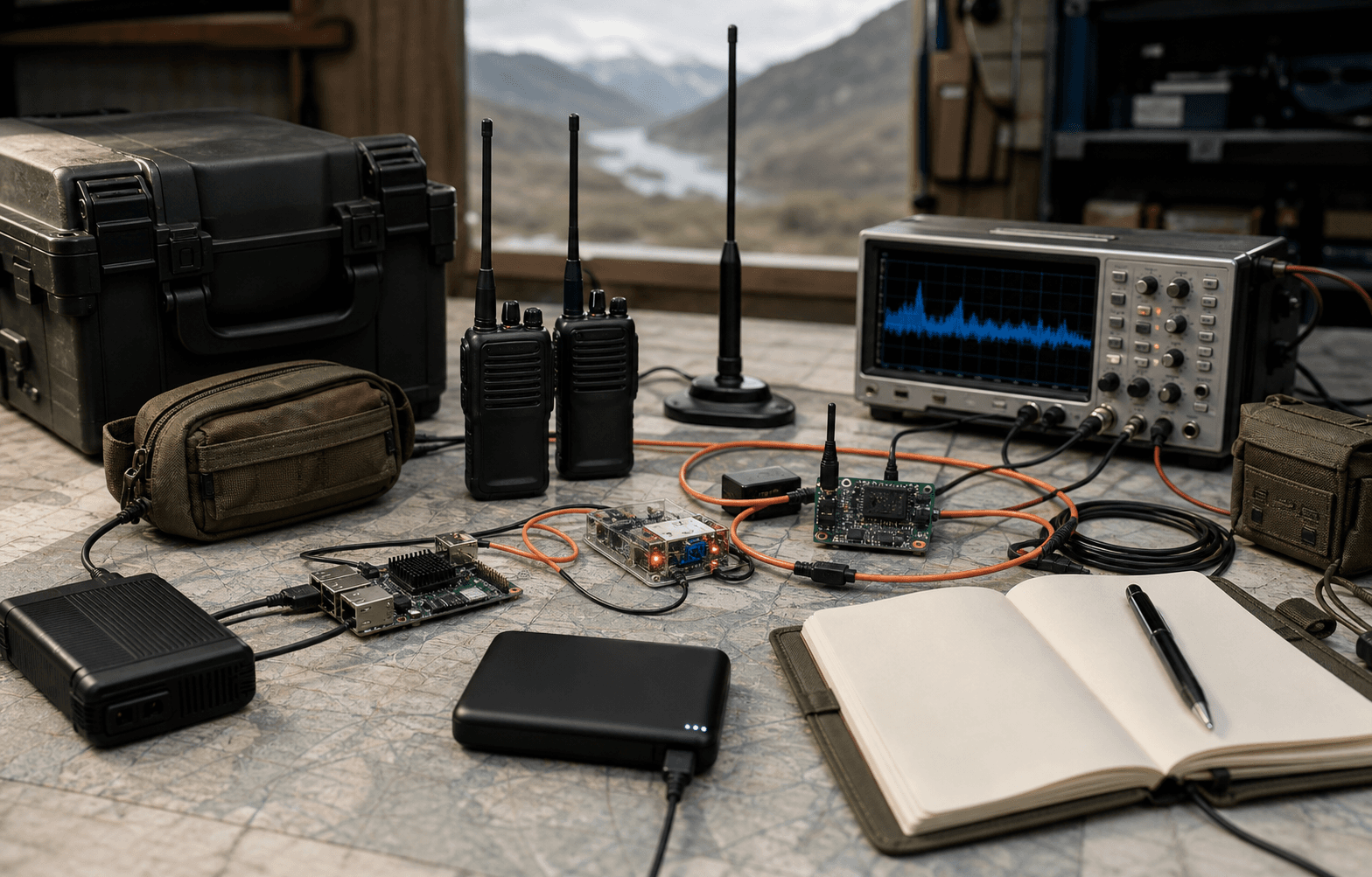Resilient communications research bench with LoRa modules, radio gear, battery packs, and field electronics
