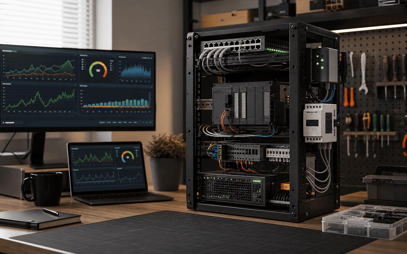 Integrated systems workspace with home lab infrastructure, automation controls, energy monitoring, and dashboards