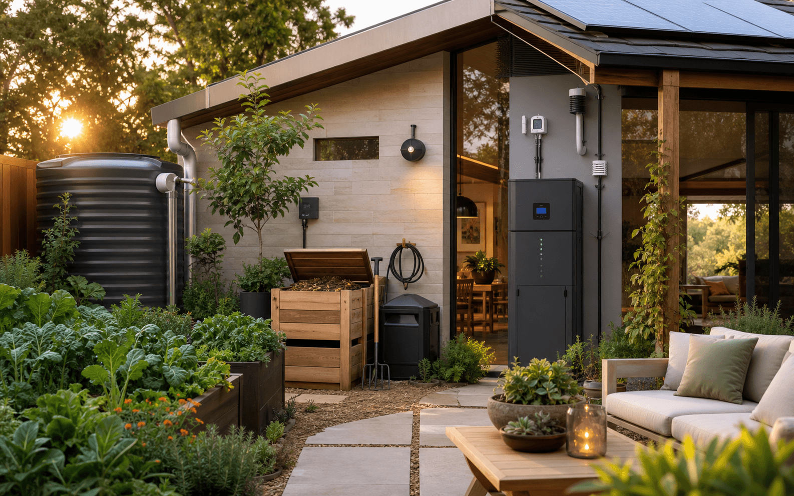 Self sustainable home courtyard with plants, rainwater storage, battery systems, sensors, and cozy living space