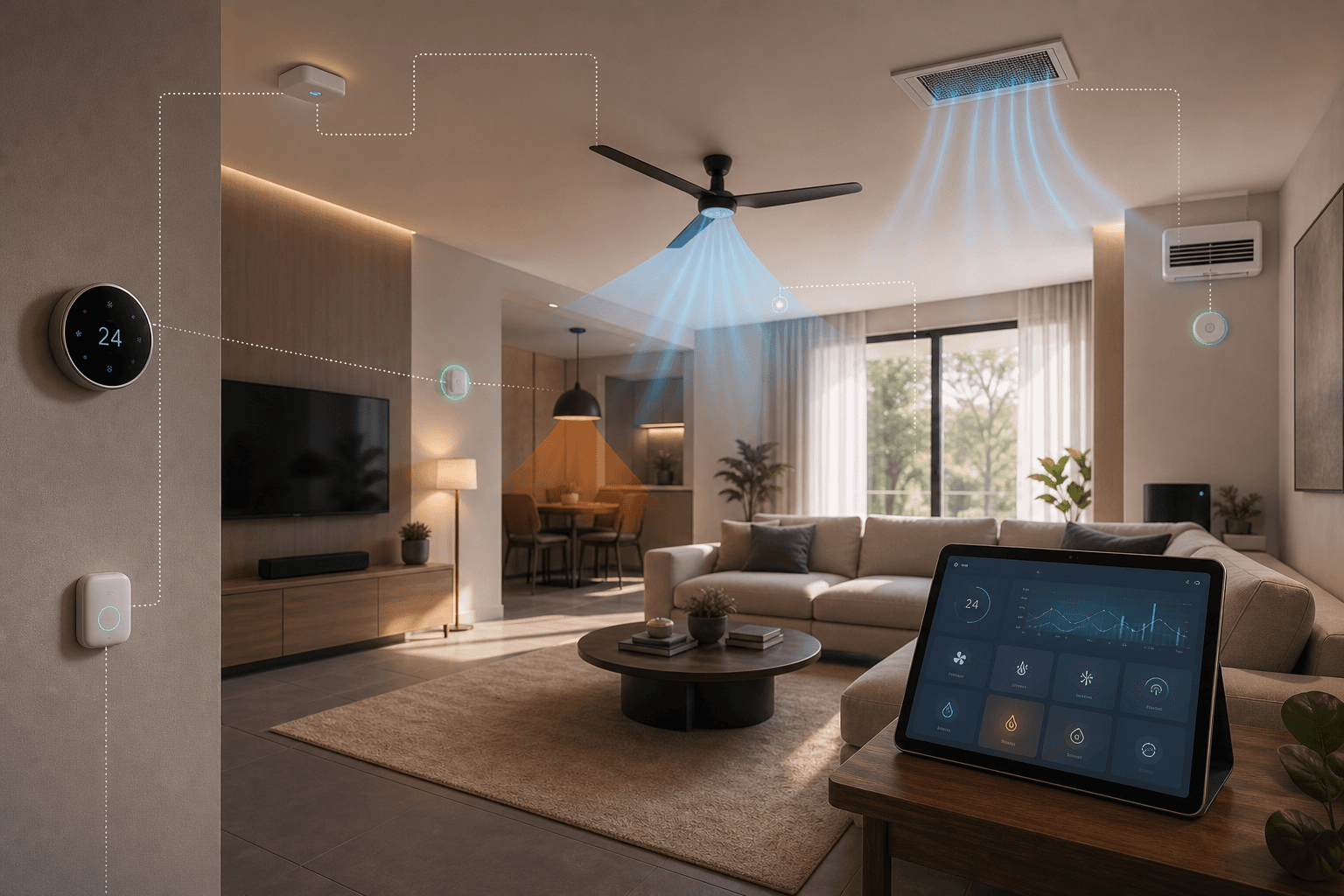 Climate automation room with thermostat, air quality sensors, humidity monitoring, airflow zones, fan, and AC controls