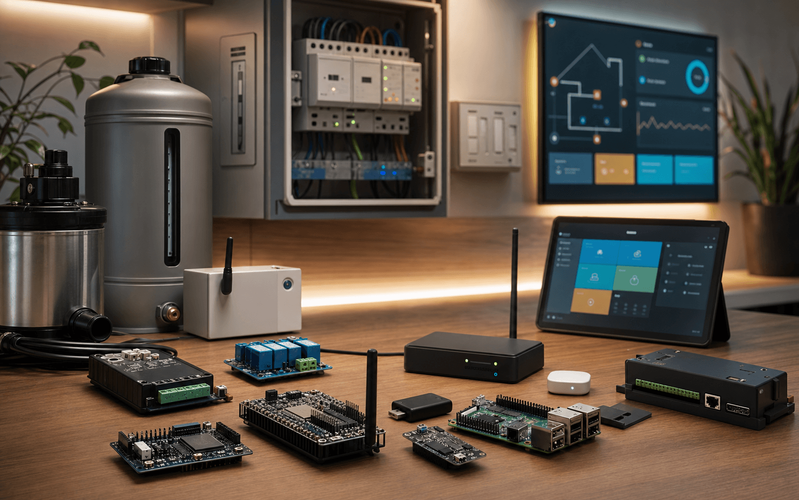 Custom smart living workbench with microcontrollers, Raspberry Pi hardware, wireless hubs, pump controls, and automation dashboard