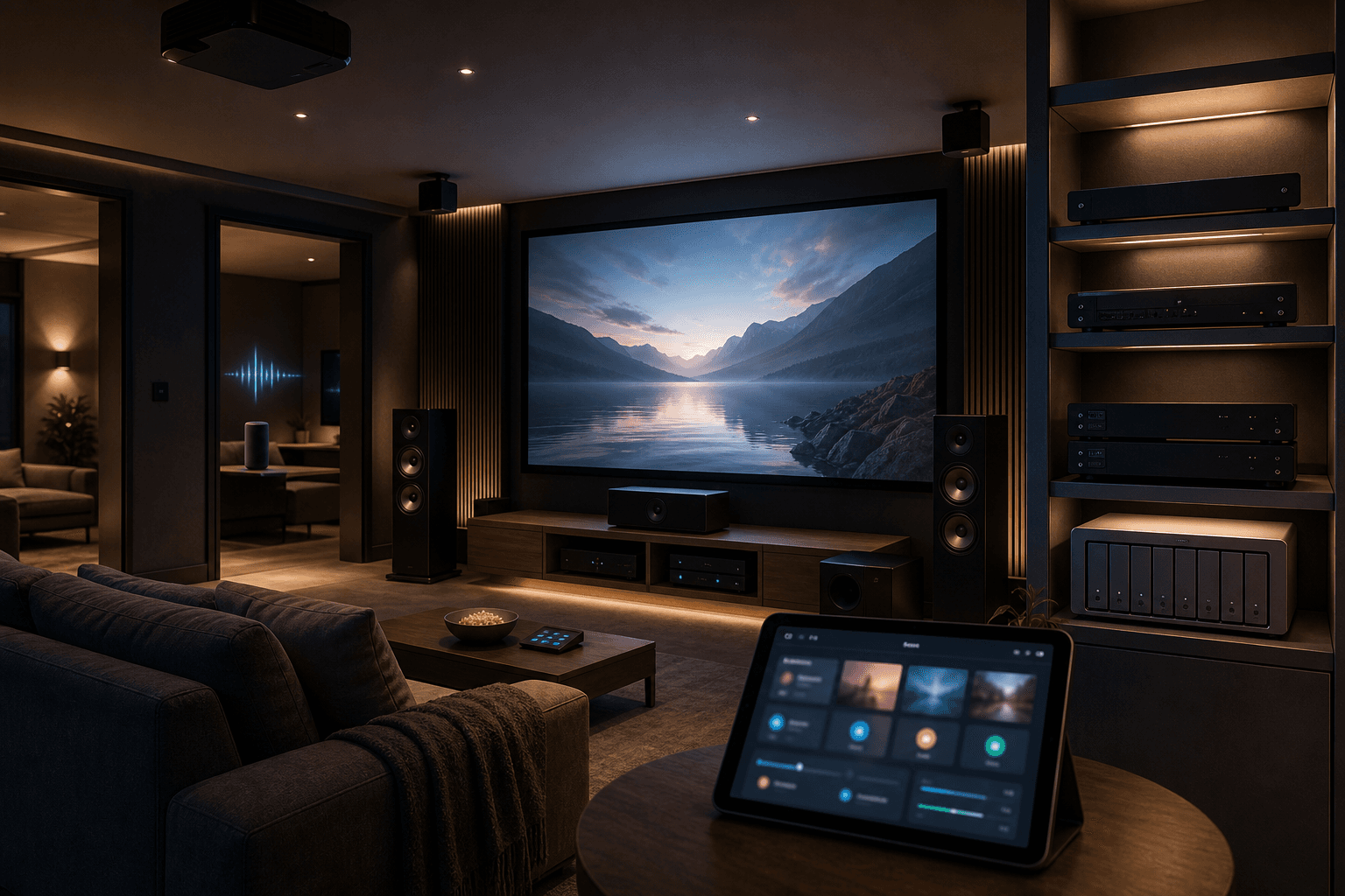 Entertainment automation room with media server, theatre lighting, streaming dashboard, speakers, and audio video zones