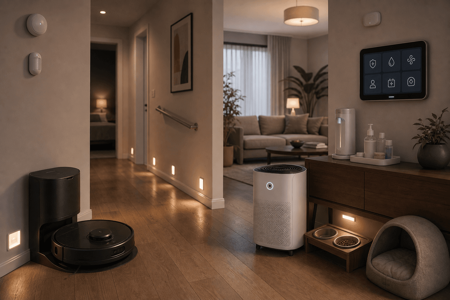 Health and hygiene automation scene with cleaning robot, air purifier, care reminders, night path lighting, and household sensors