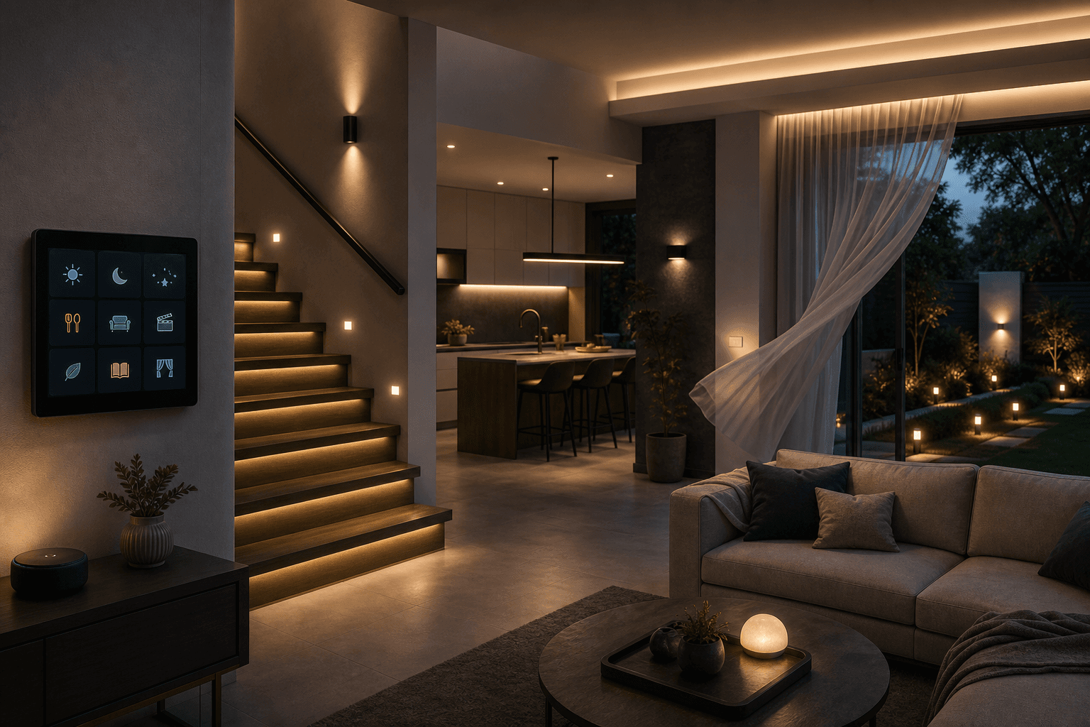 Smart lighting design across stair, garden, living, kitchen, and curtain zones with coordinated automation scenes