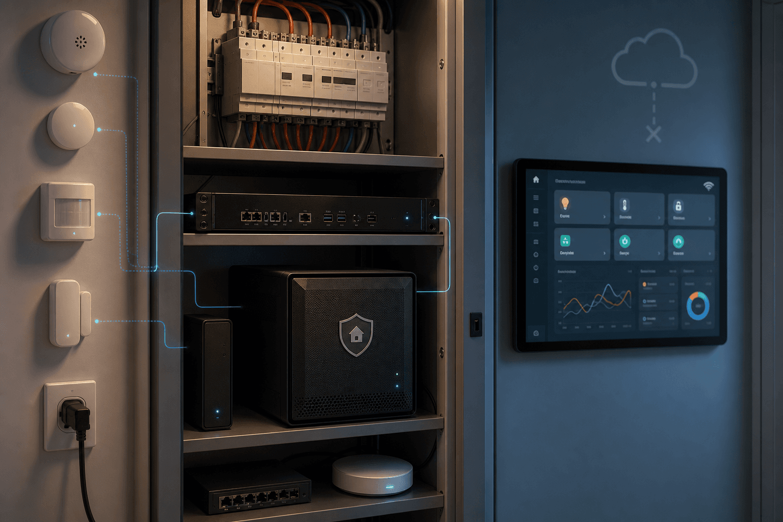 Local smart home governance closet with private controller, local hub, server, dashboard, and home sensor connections