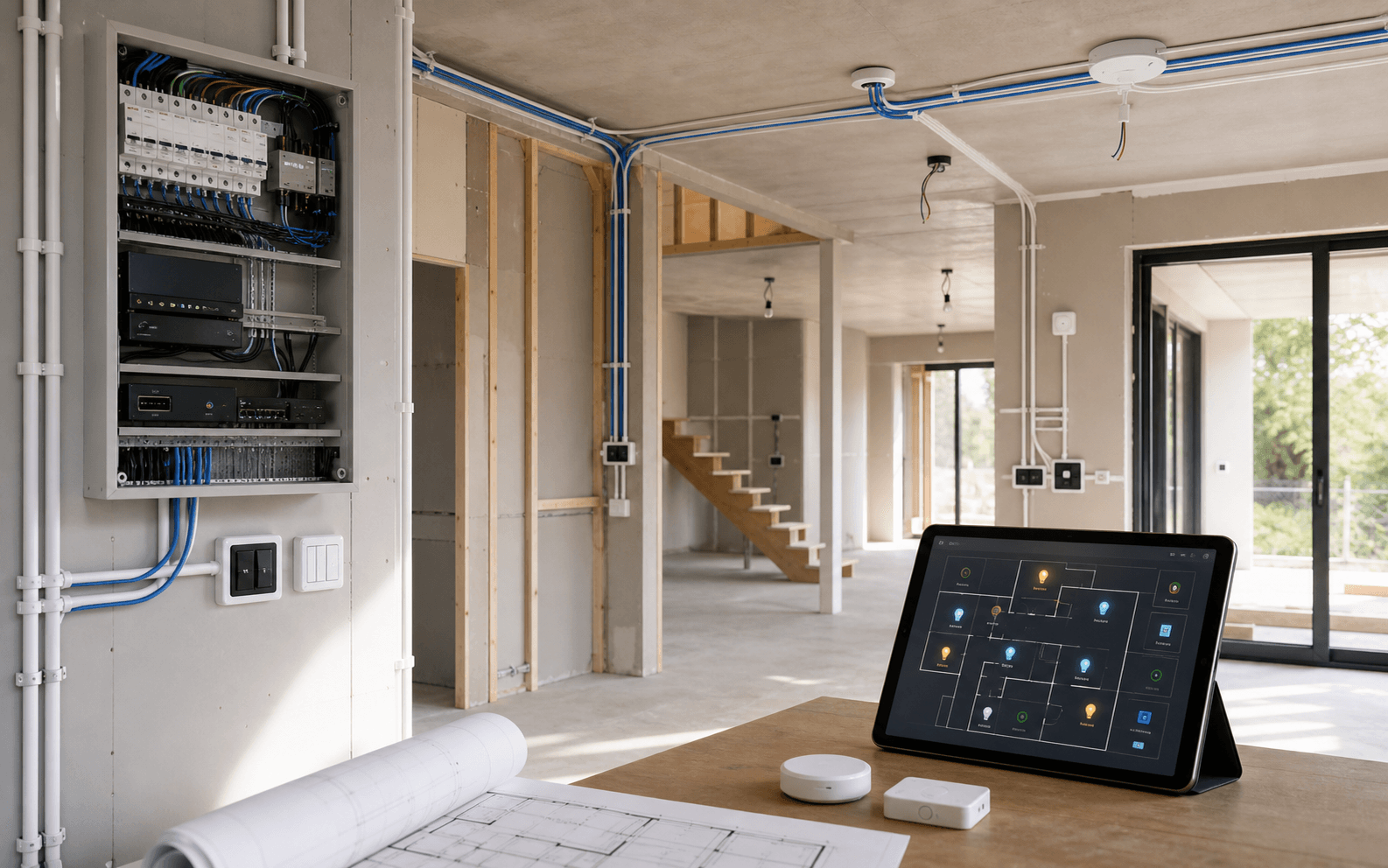 New home automation setup with structured wiring, ceiling access point, smart panel, room zones, and planning tablet