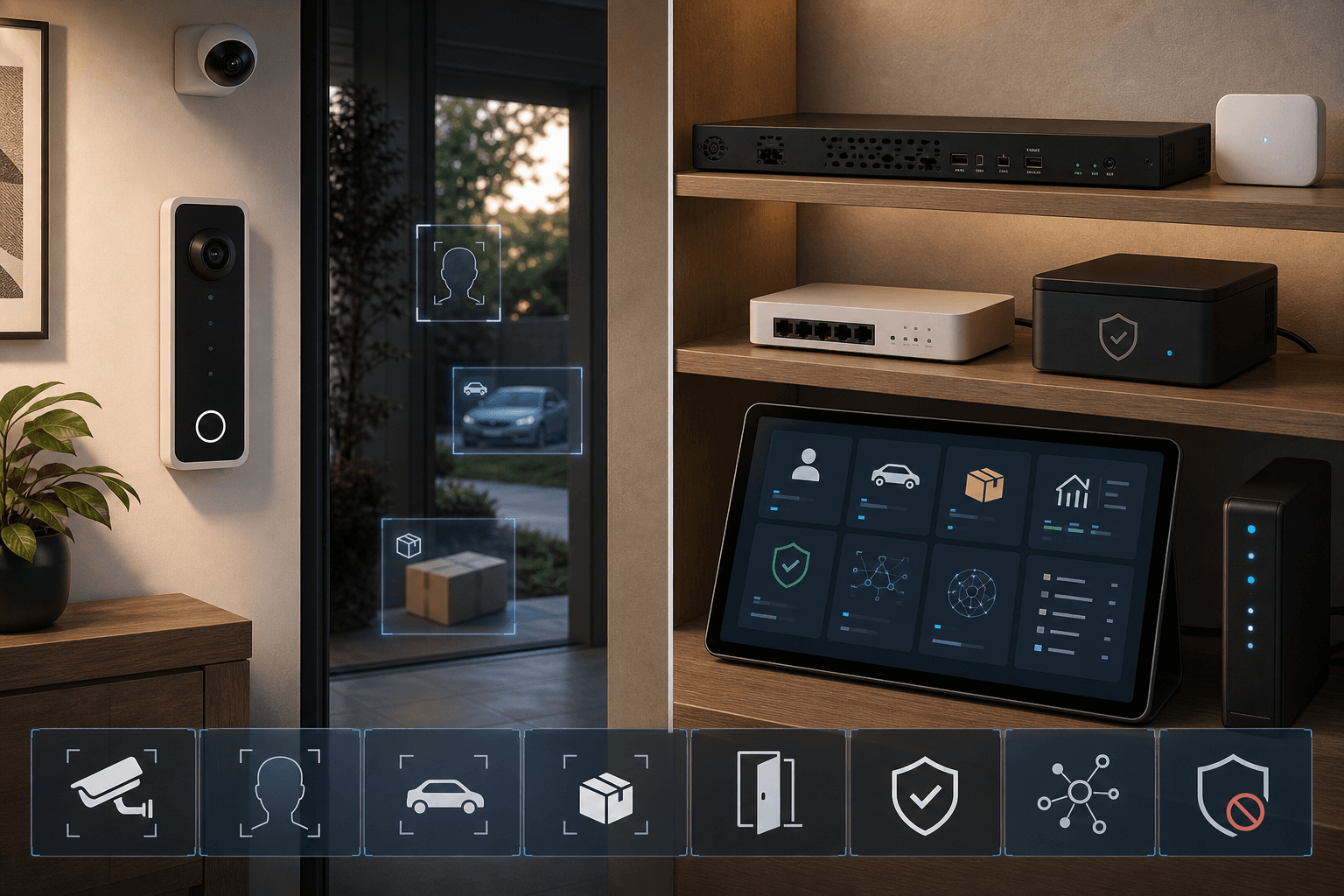 Privacy and security automation with entry access control, CCTV detection, network security appliance, and event dashboard