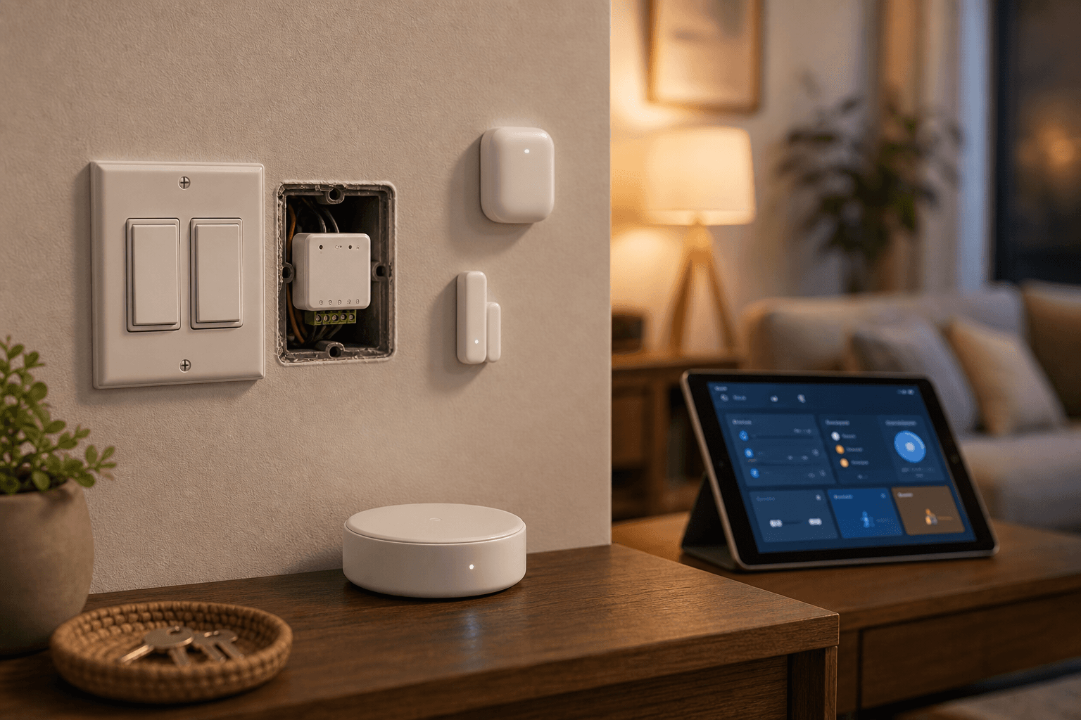 Retrofitted smart home wall with wireless hub, compact relay, finished switches, sensors, and local control tablet