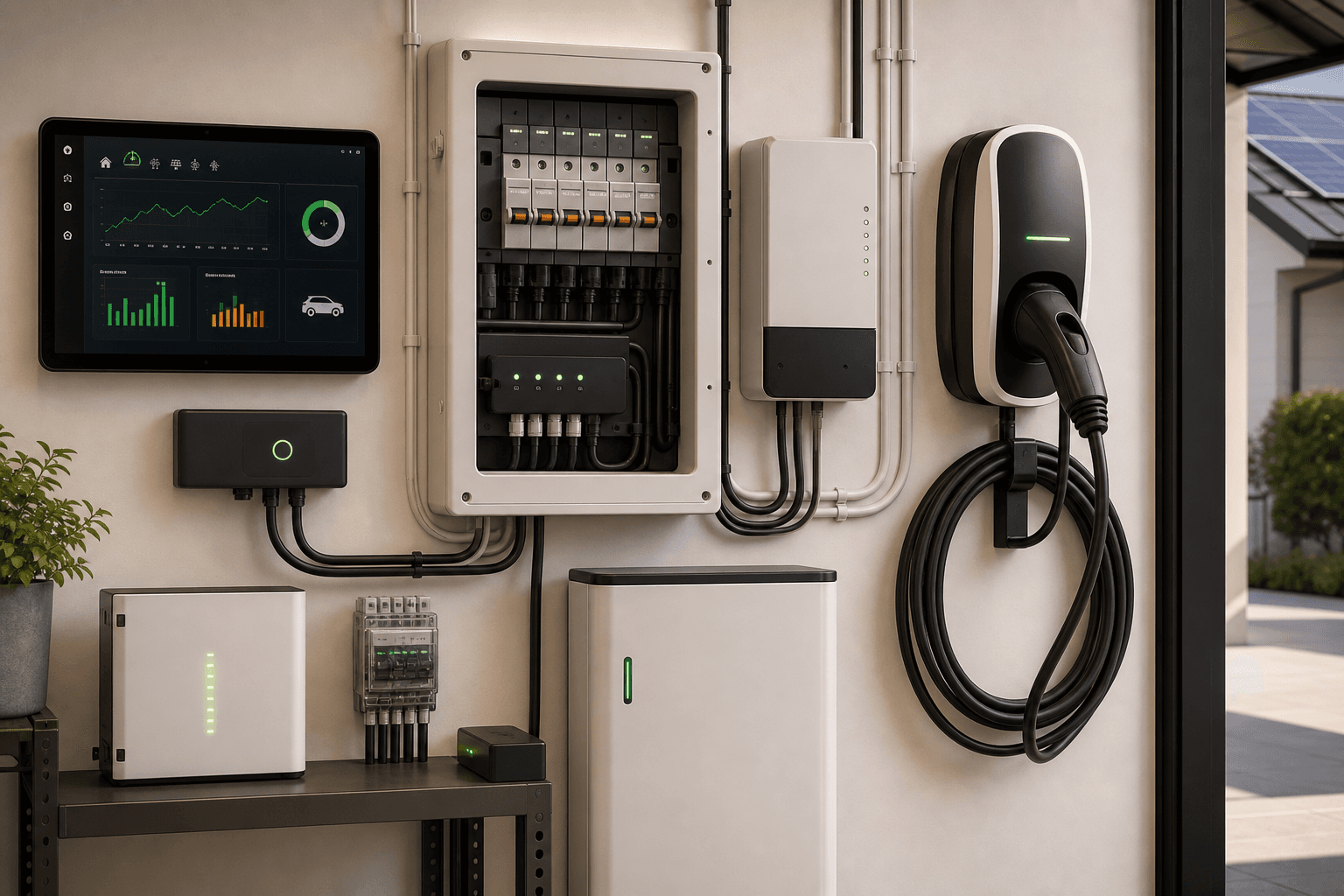 Smart power monitoring area with energy dashboard, breaker panel, EV charging cable, and household load controls