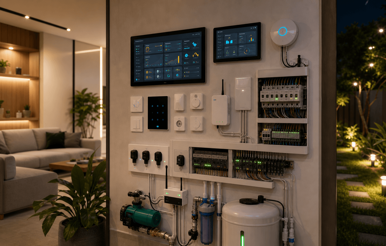 Smart living automation panel with sensors, local controllers, dashboards, lighting, and water controls